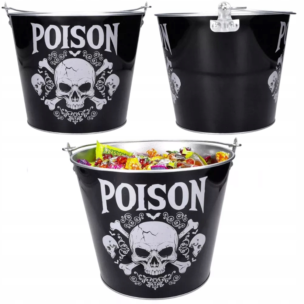 Jedovaté čierne kovové vedierko s LEBKOU na nápoje na HALLOWEENskom stole